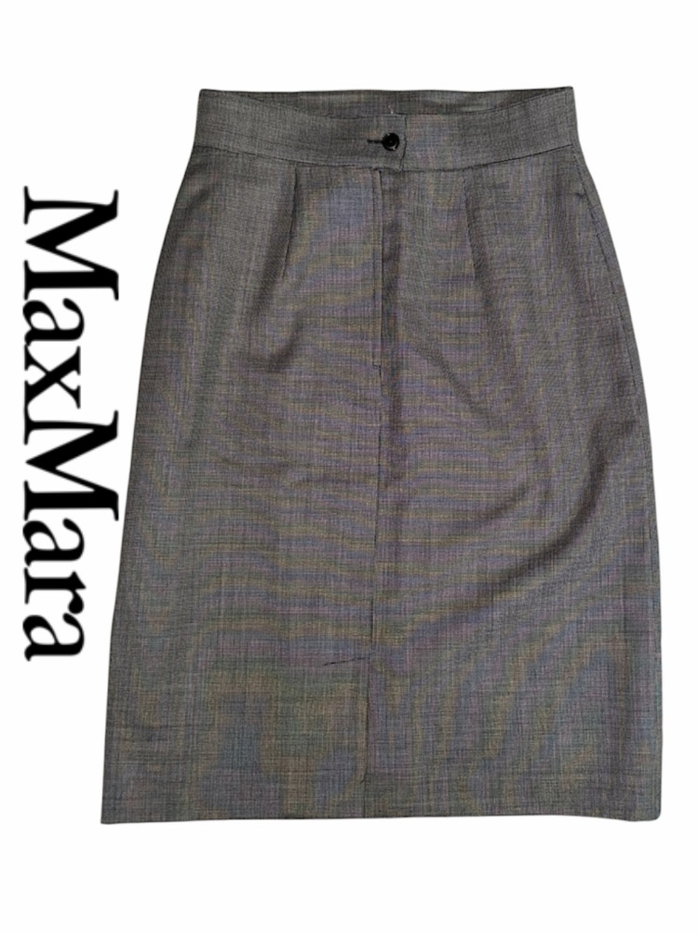 MaxMara Wool Charcoal Gray hatch mark Tailored high rise Pencil Skirt kick slit